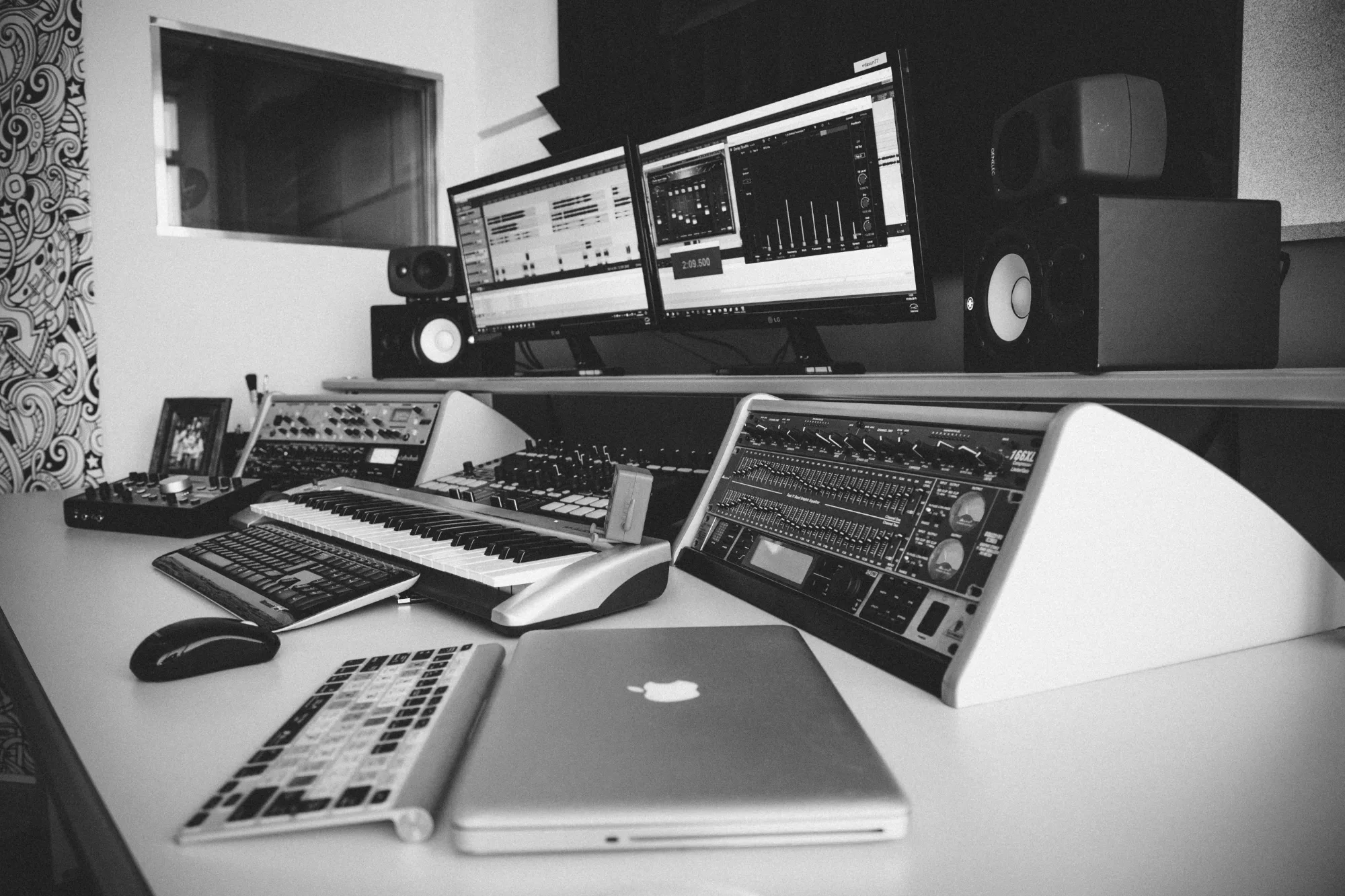 Mesa de som e equipamentos do estúdio da AudioLab